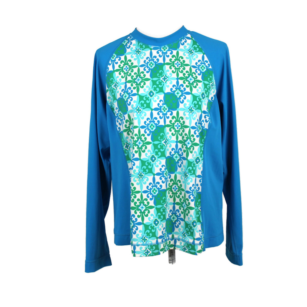 Lands End XL Blue Floral Long Sleeve Rash Guard